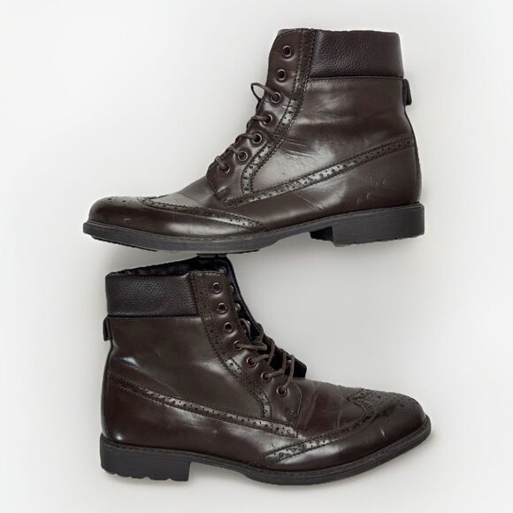 Size 9 - ASOS Men’s Brown Leather Brogue Wingtip Boots - Picture 1 of 7